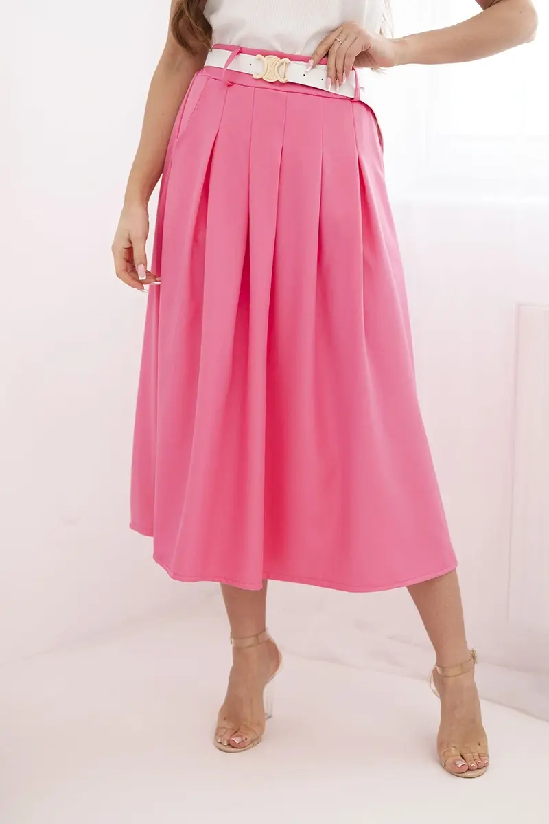 Ružová midi sukňa s plisovaním a opaskom