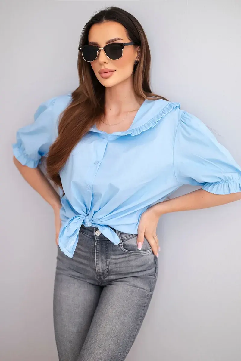 Dámska bavlnená košeľa s volánom a viazaním modrá