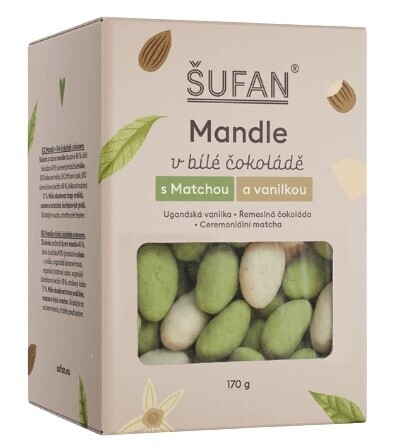 Šufan mandle v bílé čokoládě s matchou a vanilkou 170 g