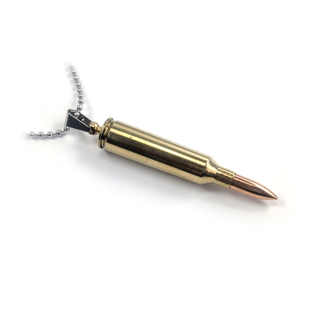 Náhrdelník s nábojom .22-250 Remington a nerezovým remienkom - zlatý