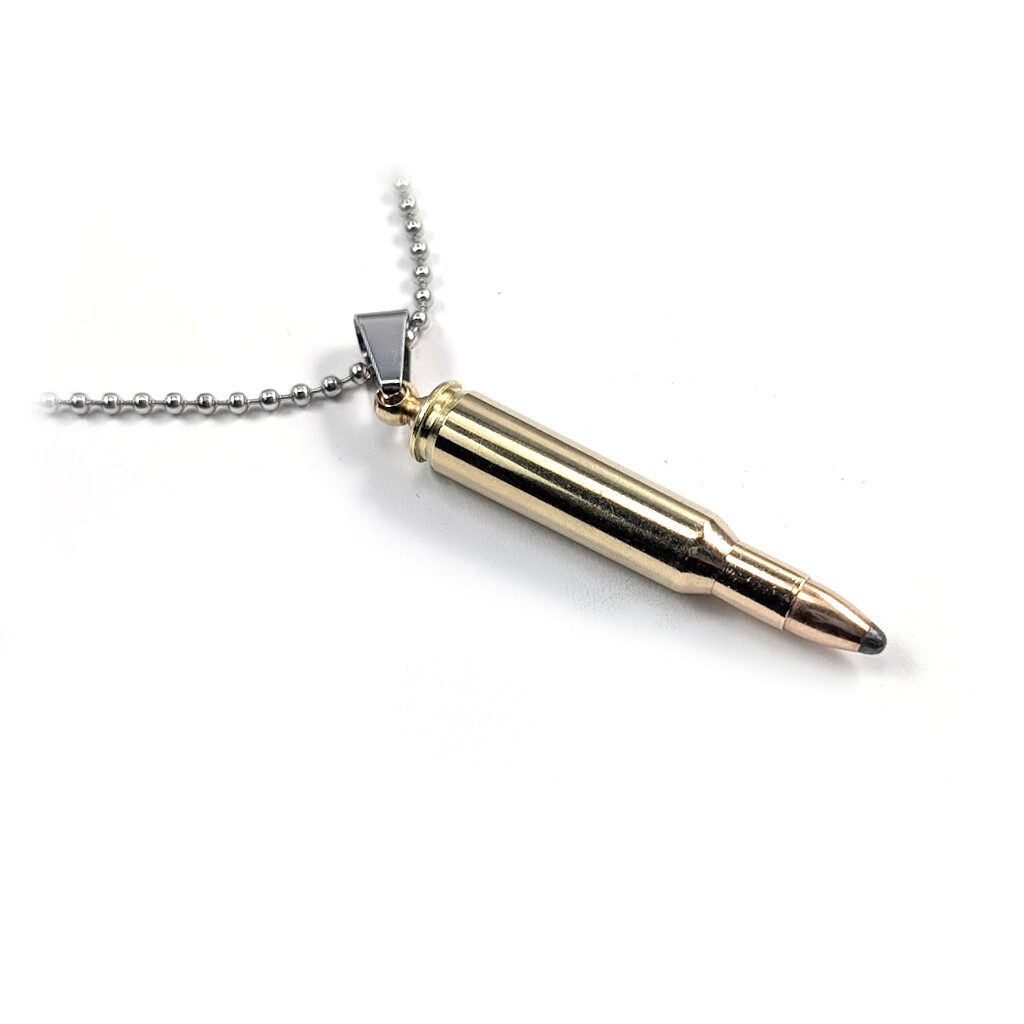 Náhrdelník s nábojom .222 Remington SP a nerezovým remienkom - zlatý