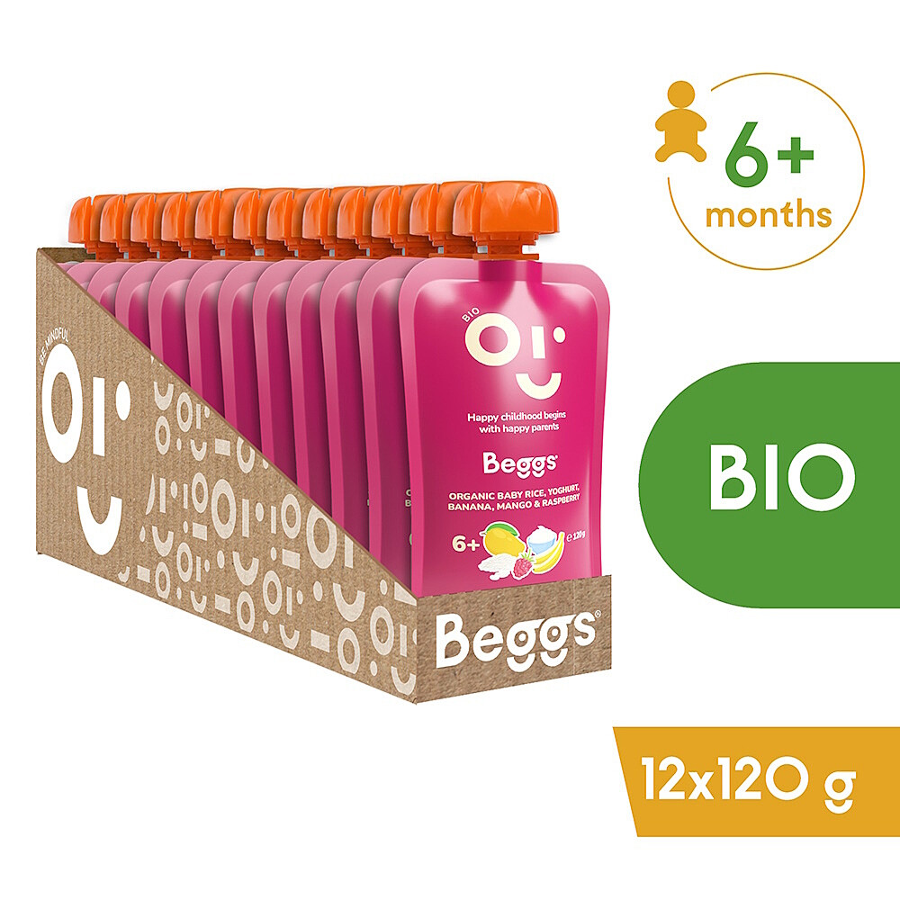 BEGGS Detská ryža s jogurtom, banánom, mangom a malinami BIO 12 kusov