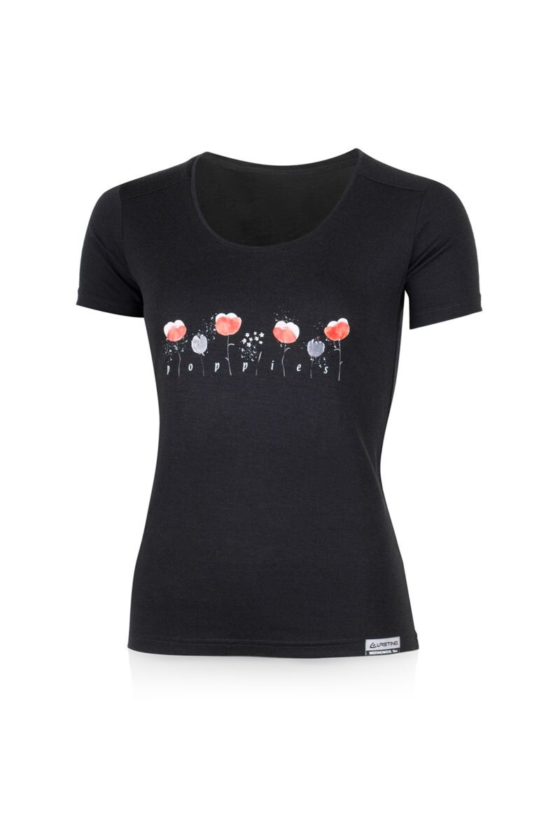 Lasting dámske merino tričko s tlačou POPPY čierne Veľkosť: XL 8596445059540