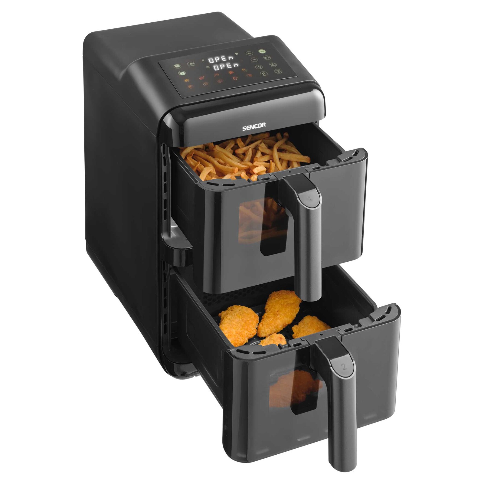 Sencor SFR 1250BK Teplovzdušná fritéza Objem 2 × 5,8 l - celkový objem 11,6 l, Digitálny displej s farebnými ikonami Rozsah nastavenia teploty
