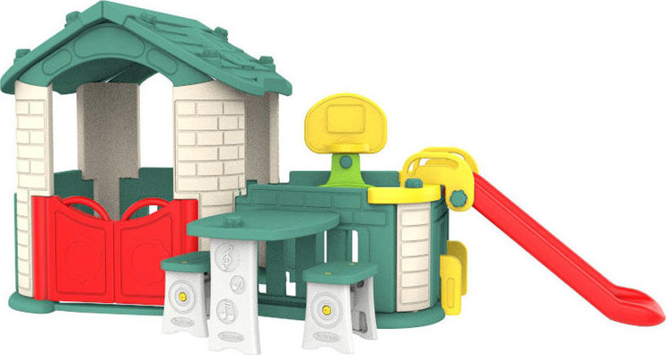 Ramiz ZOG.CHD-808G Velký domeček 5v1 skluzavka, koš, zahrádka, stůl, židličky, zelená střecha