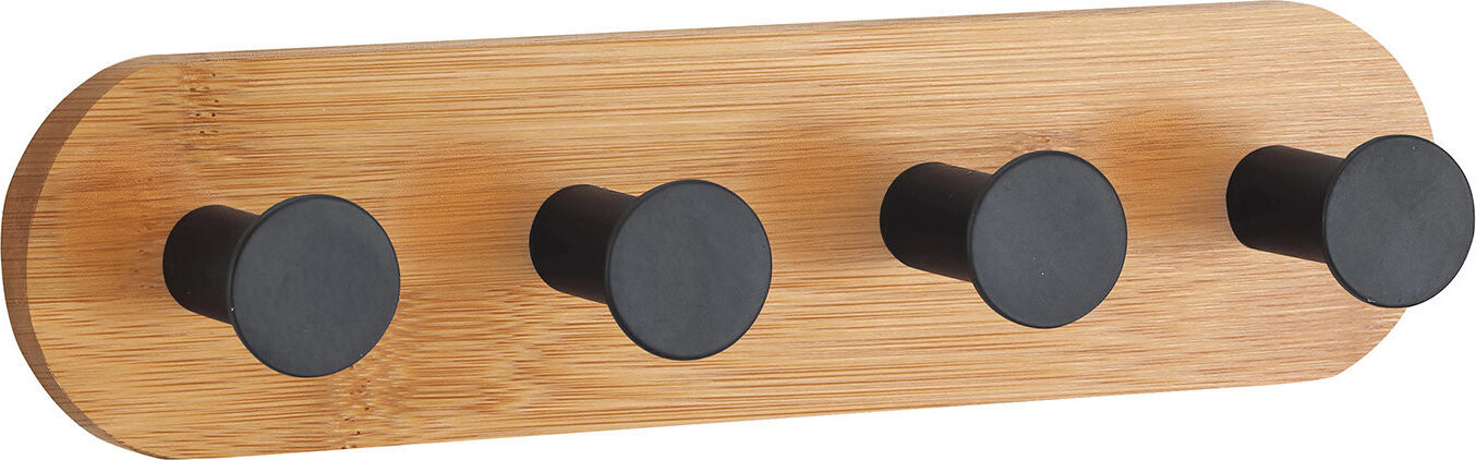 MSV samolepiaci vešiak so 4 háčikmi YONO, čierny, bambus, oceľ, 18 × 4,5 × 3,6 cm
