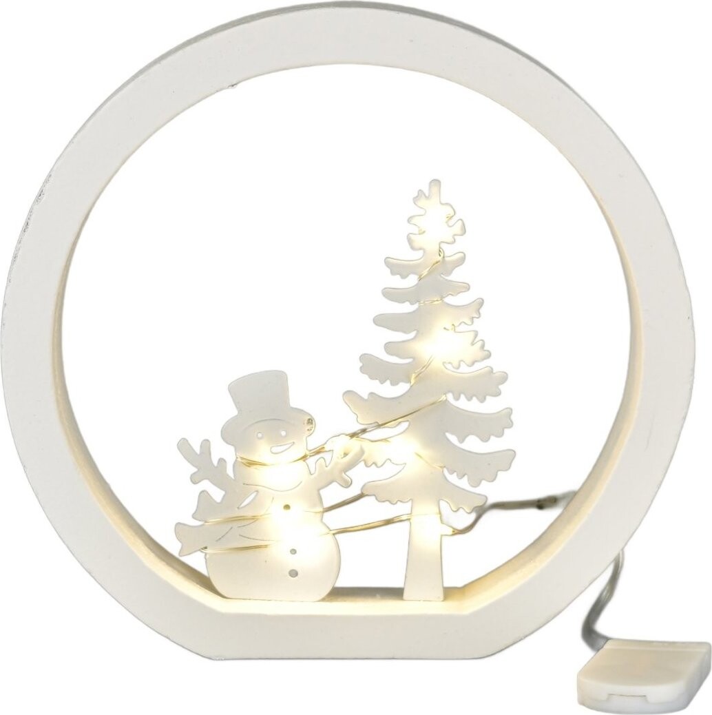 DOMMIO Drevené okienko so snehuliakom LED osvetlenie 15 × 15,5 cm