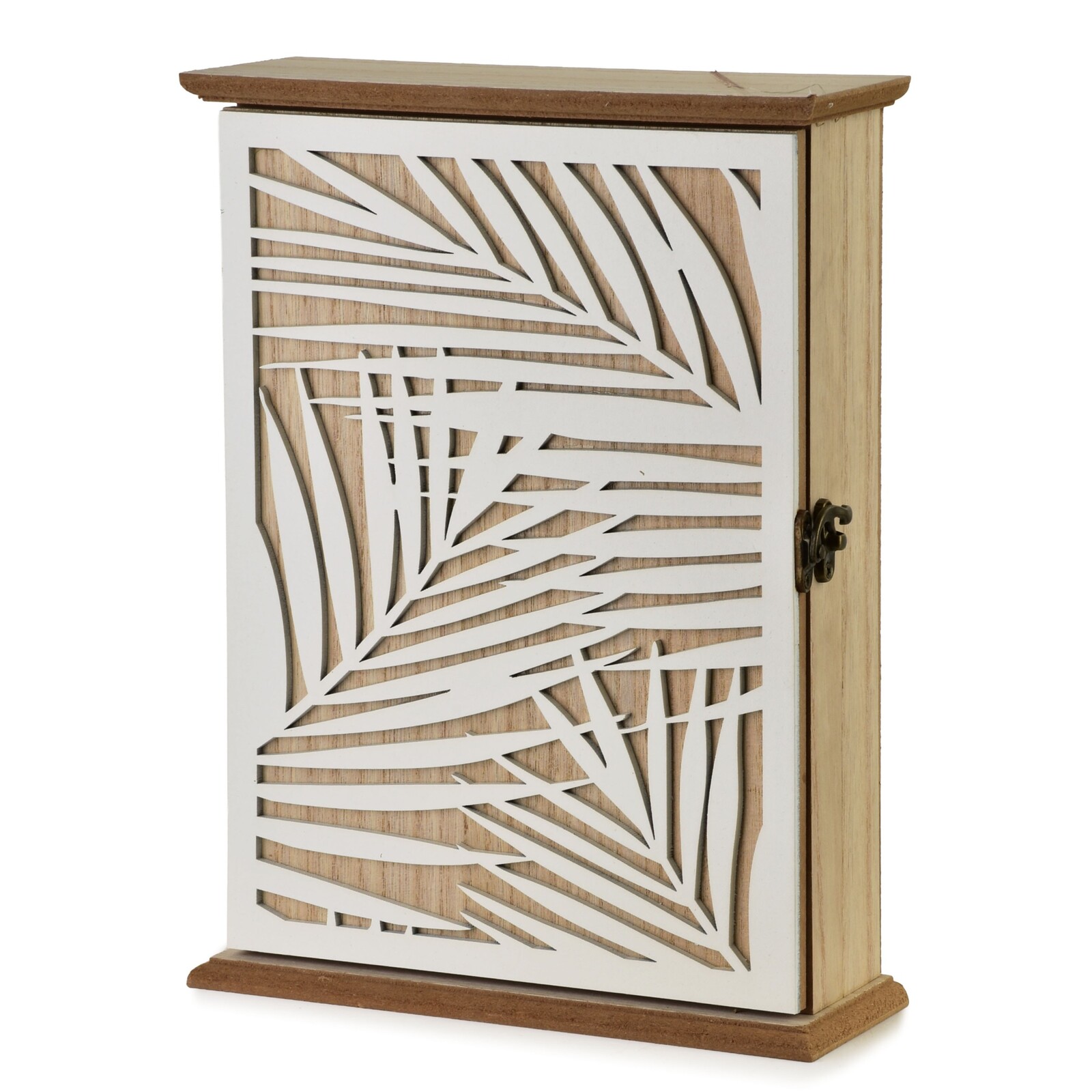 Dřevěná skříňka na klíče STACY Palm 19,5x6,5x25 cm hnědá/bílá