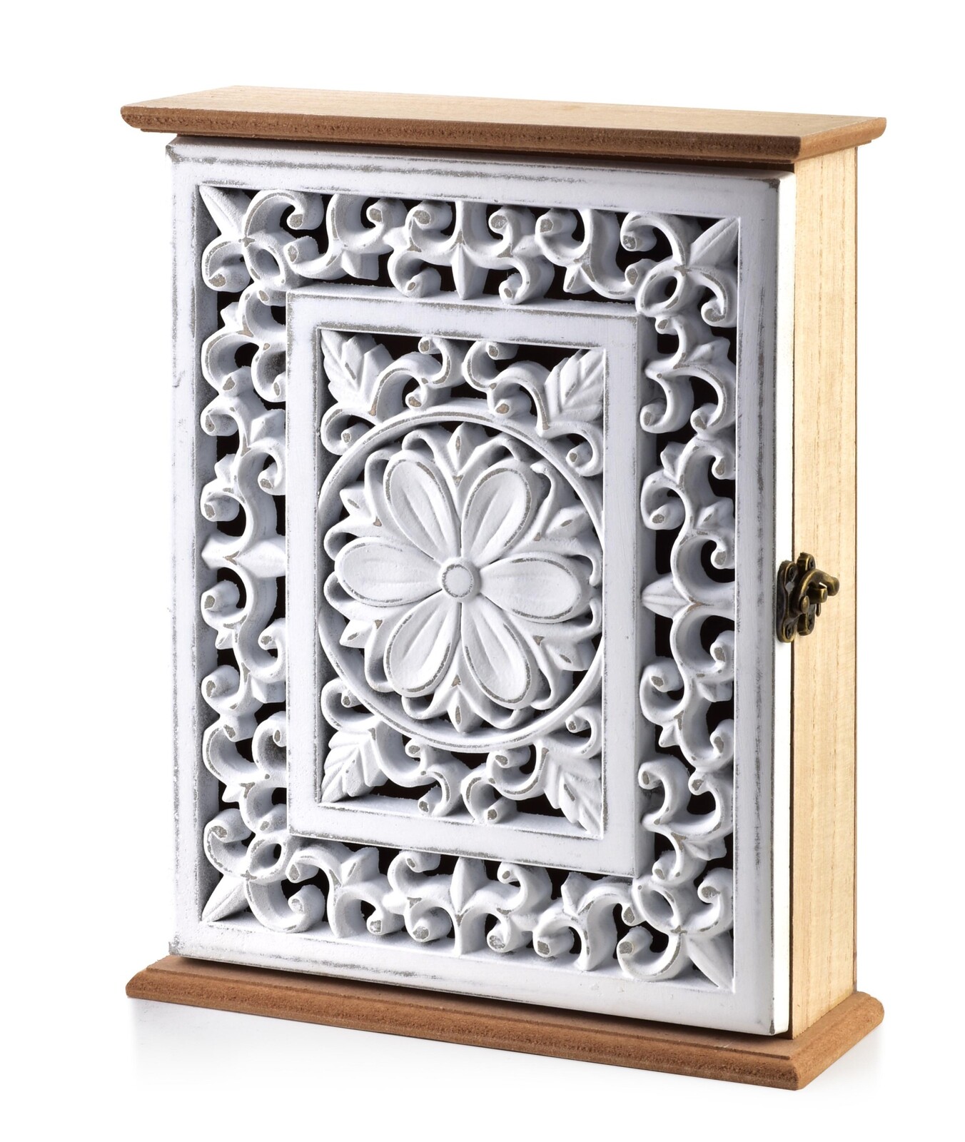 Dřevěná skříňka na klíče STACY Ruffles 21,5x7x27 cm bílá/hnědá