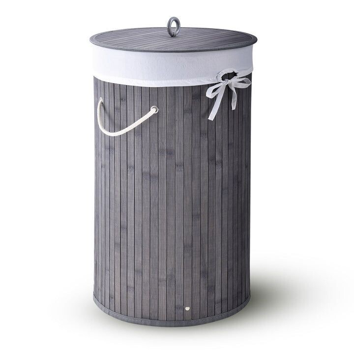 Kruhový bambusový košík na bielizeň, 55 l, s vekom a vreckom