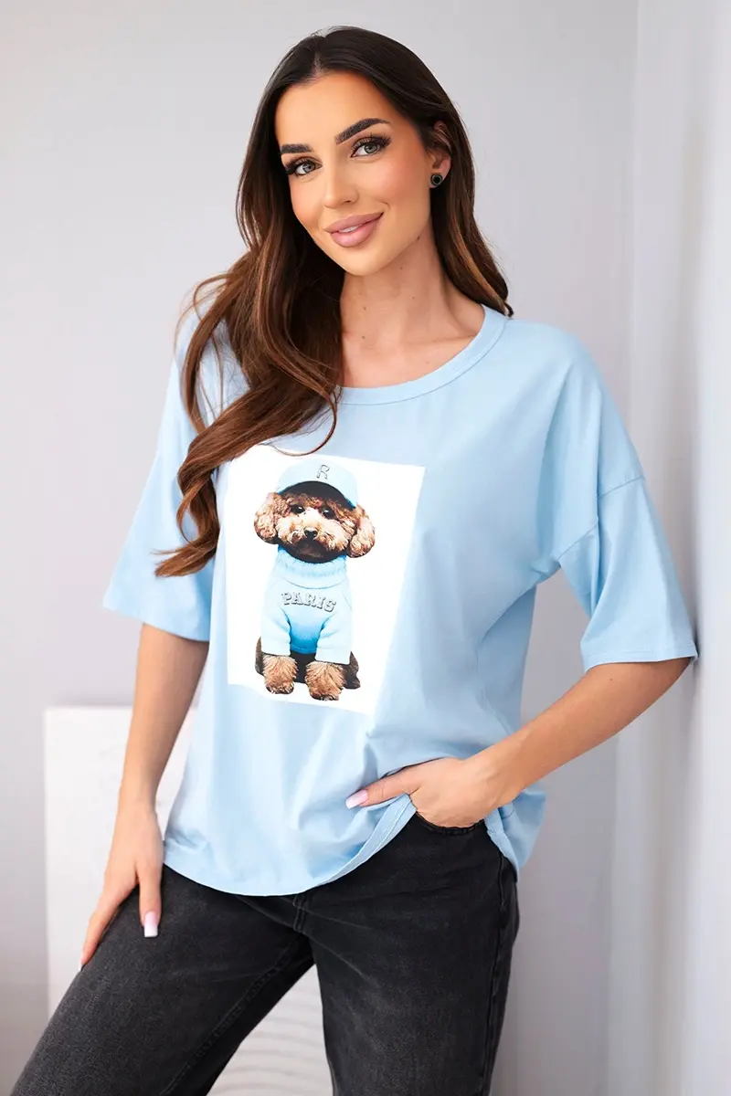 Kesi dámske oversized bavlnené tričko s potlačou modré