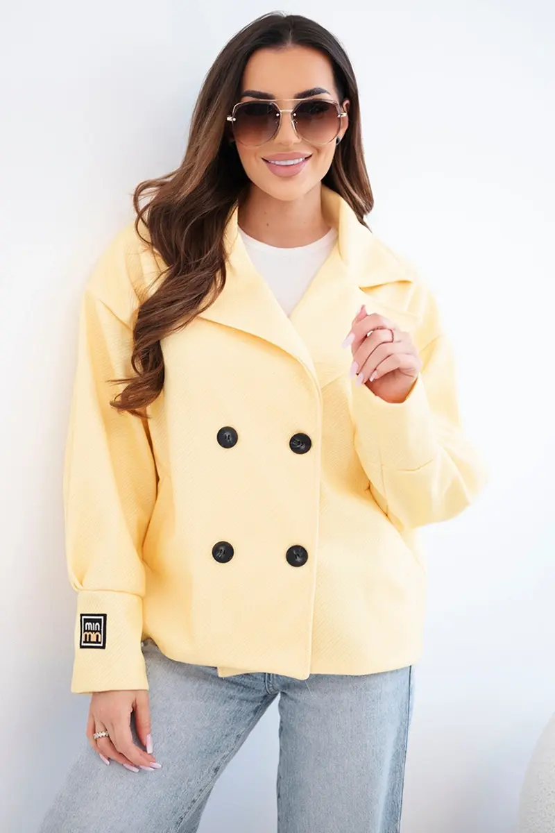 Dámsky krátky dvojradový kabát s golierom žltý