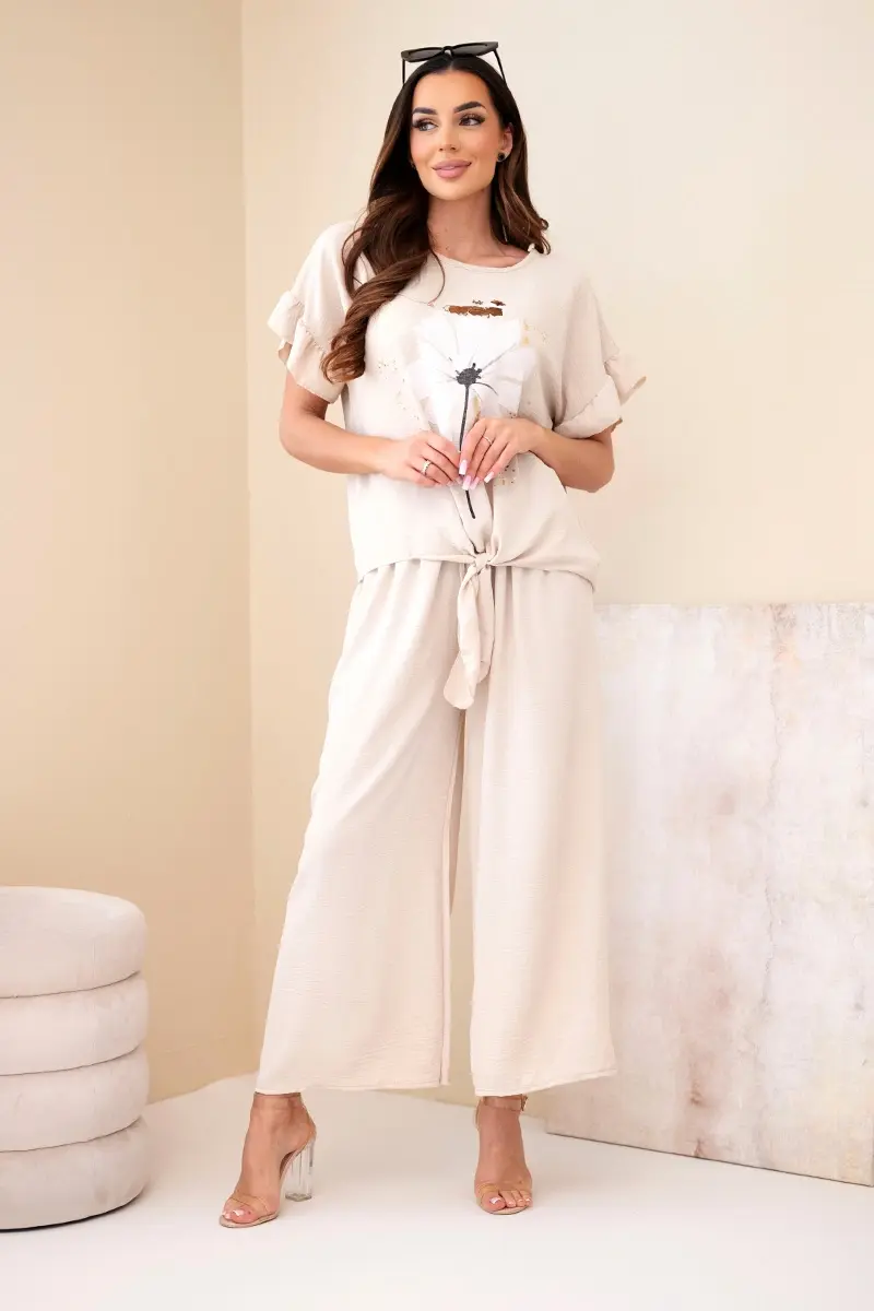 Kesi dámsky viskózny komplet s potlačenou blúzkou a nohavicami béžový