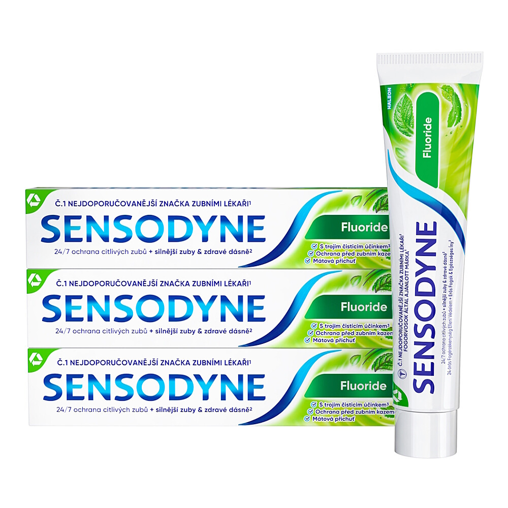 SENSODYNE Fluoride Zubná pasta 3 x 75 ml, poškodený obal