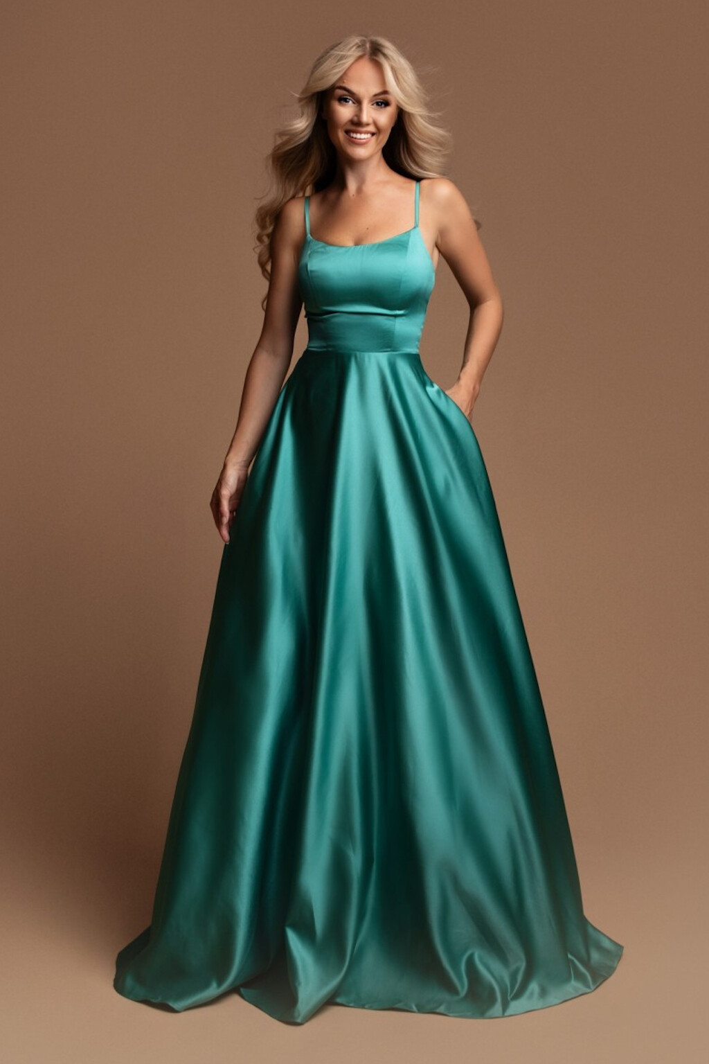 Eva & Lola Poškodený tovar - Tyrkysové spoločenské šaty na ramienka Veľkosť: L