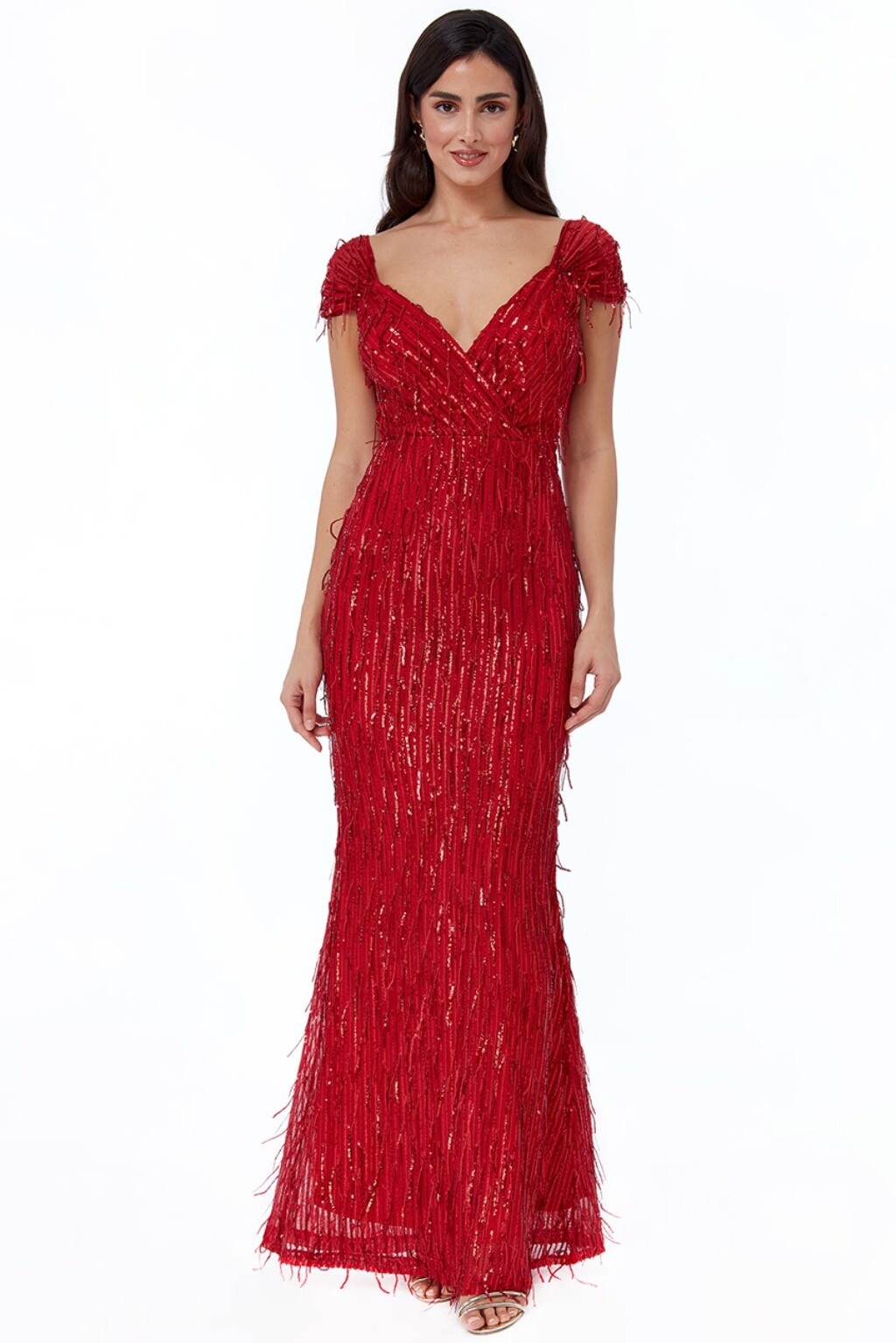 Poškodený tovar - Červené spoločenské šaty so strapcami Veľkosť: S