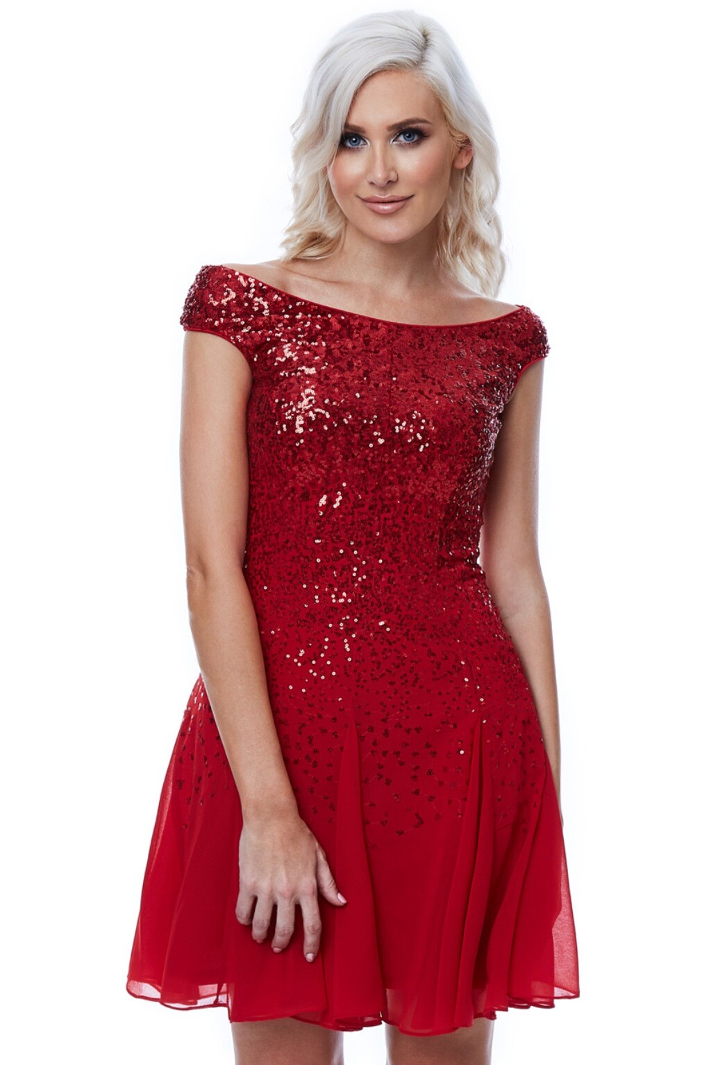 Poškodený tovar - Červené krátke flitrované šaty Veľkosť: S