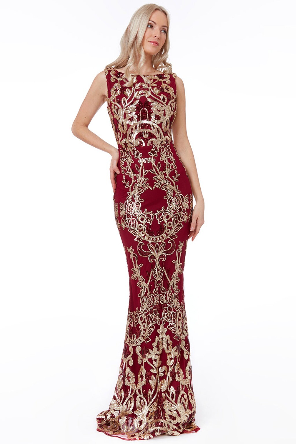 Poškodený tovar - Bordovo-zlaté spoločenské flitrované šaty Veľkosť: S