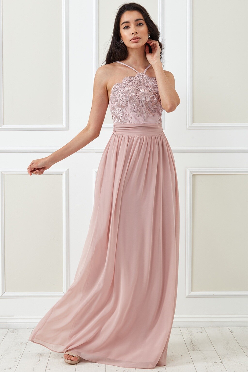 Poškodený tovar - Staroružové šifónové spoločenské šaty s krajkou Veľkosť: L