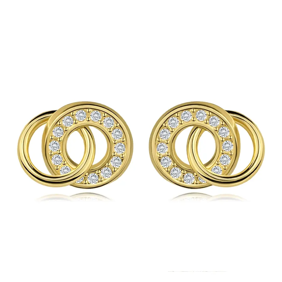 Náušnice 14K žlté zlato s dvojicou prepojených kruhov a zirkónmi