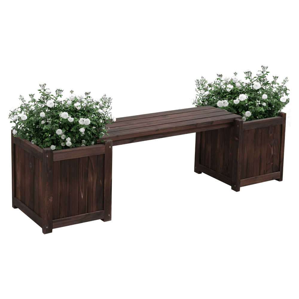 Drevená záhradná lavička s kvetináčmi, hnedá, SASIL