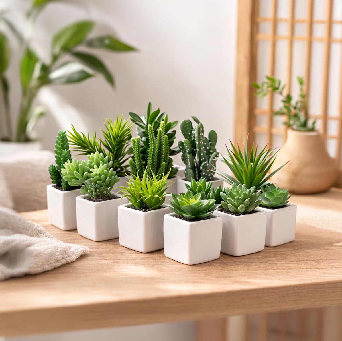 Umelé sukulenty v keramických kvetináčoch, sada 12 kusov