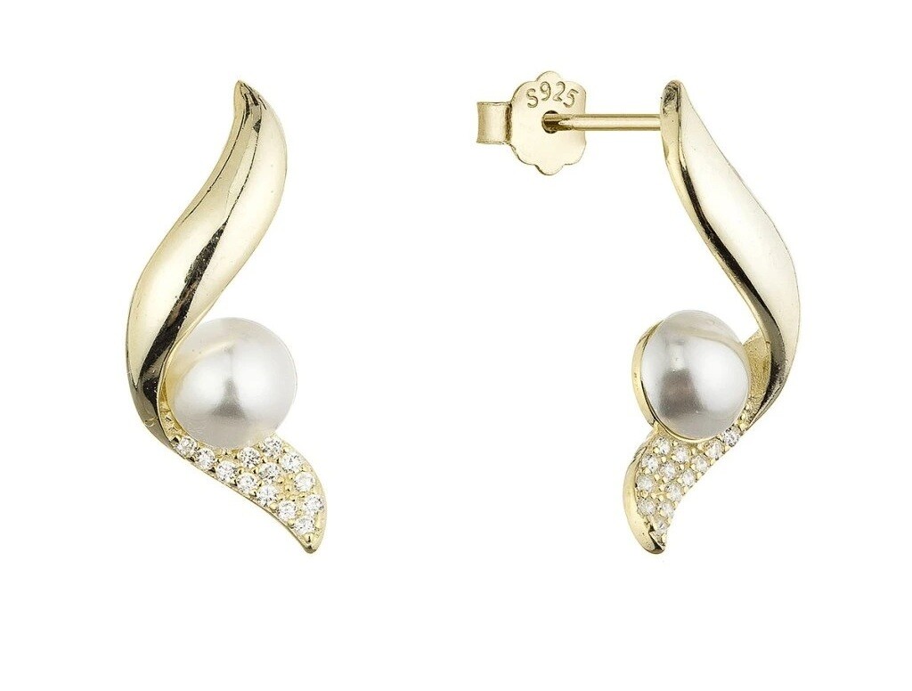 Evolution Group Elegantné pozlátené náušnice so zirkónmi a perlou 11806.1