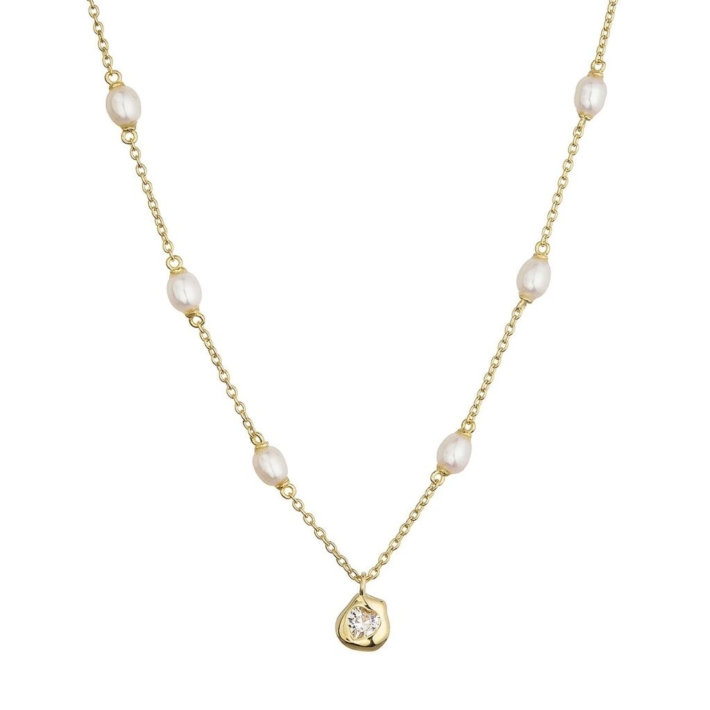 Evolution Group Krásny pozlátený náhrdelník s perlami a zirkónom 22058.1