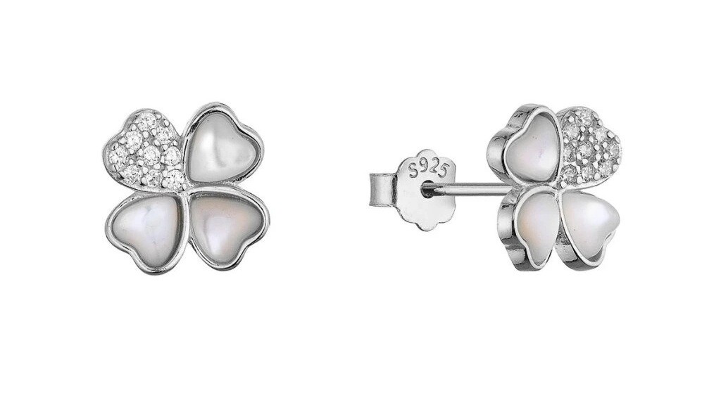 Evolution Group Strieborné náušnice s perleťou a zirkónmi Štvorlístok 11800.1