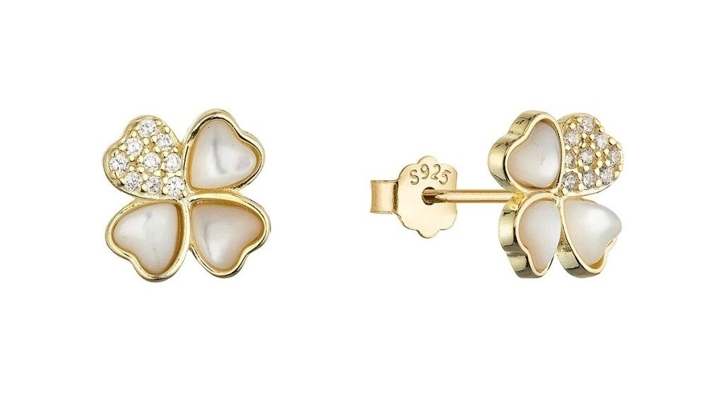Evolution Group Pozlátené náušnice s perleťou a zirkónmi Štvorlístok 11800.1