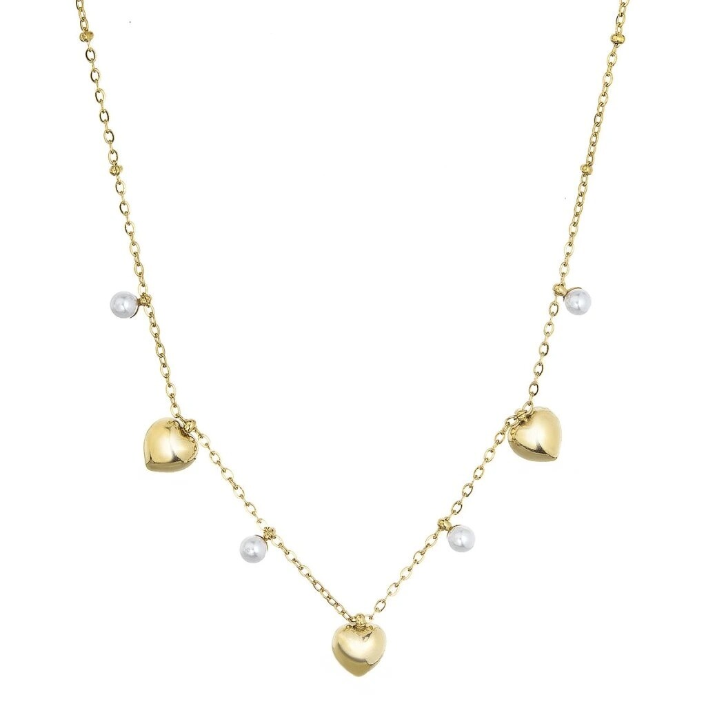 Evolution Group Pozlátený oceľový náhrdelník s perličkami a srdiečkami 42023.1