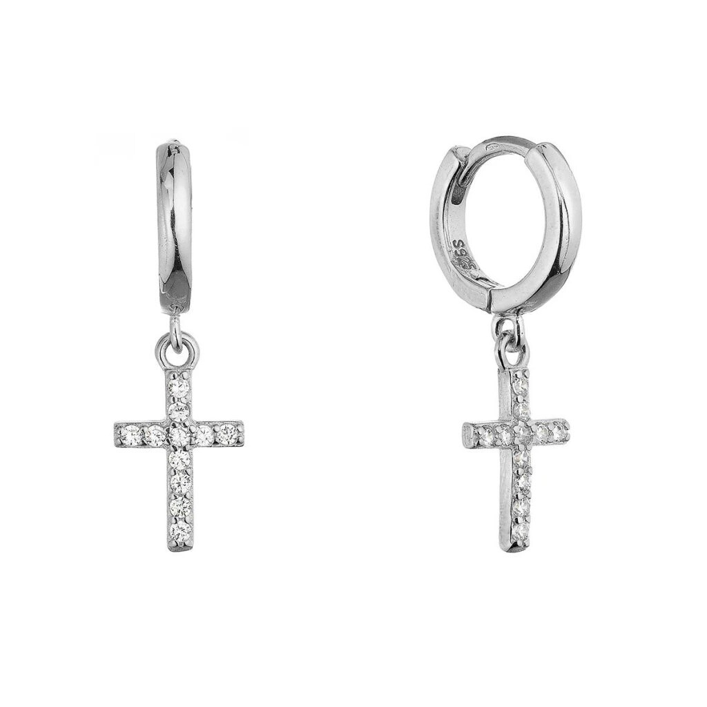 Evolution Group Strieborné visiace náušnice Krížik so zirkónmi 11778.1