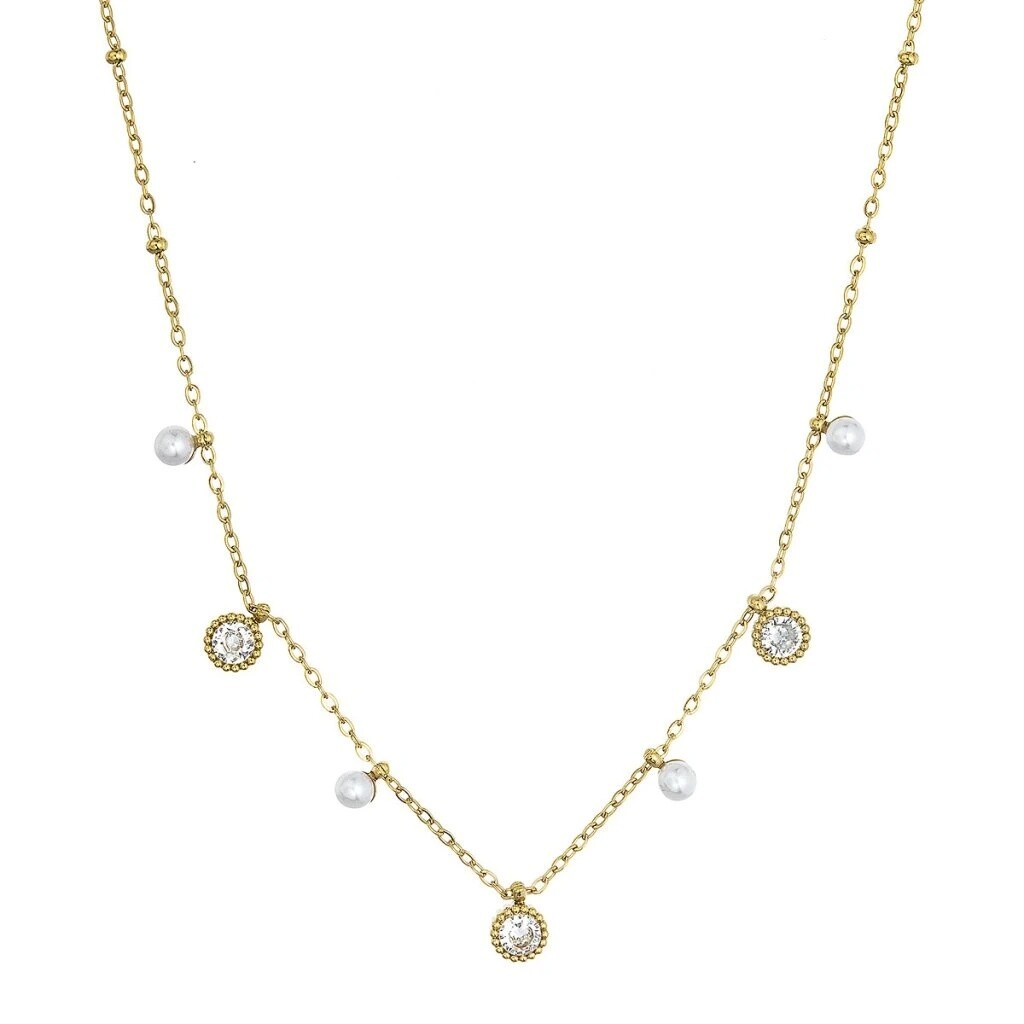 Evolution Group Pozlátený oceľový náhrdelník so zirkónmi a perličkami 42022.1