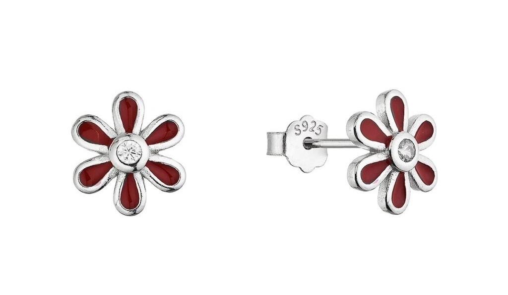Evolution Group Strieborné náušnice Červená kvetina so zirkónom 11752.1