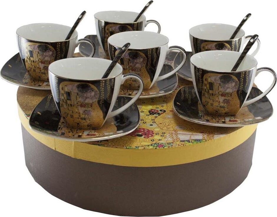 Home Elements Sada 6 ks – šálky 250 ml s podšálkami a lyžičkami, Klimt, Bozk tmavý