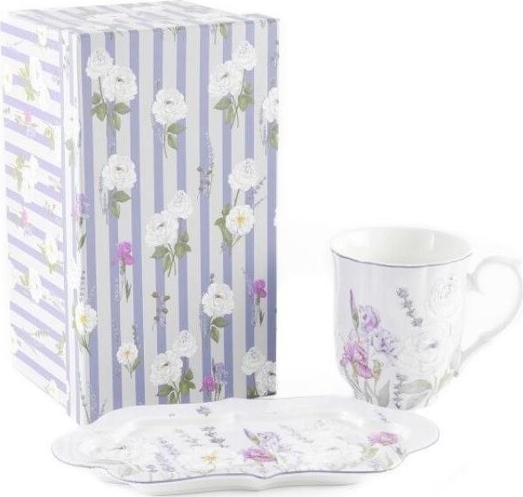 Home Elements Porcelánový hrnček 360 ml s podtáckou, Levanduľa