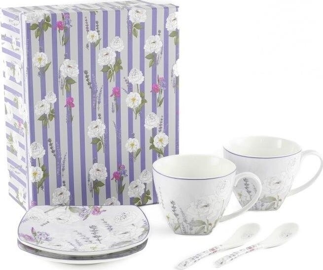 Home Elements Sada dvoch šálok 250 ml, s podšálkami a lyžičkami, Levanduľa