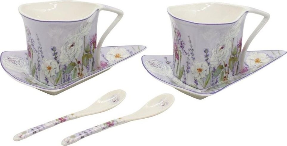 Home Elements Sada šálok 2× 250 ml s podšálkami a lyžičkami, Levanduľa