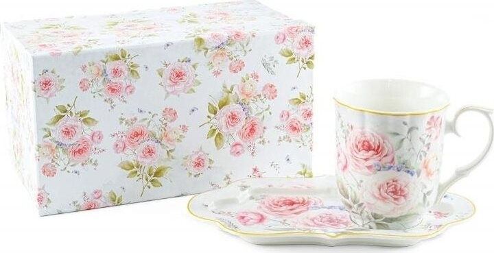 Home Elements Porcelánový hrnček 360 ml s podtáckou, Ruža