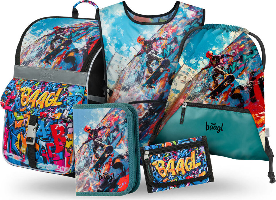 BAAGL SET 5 Zippy Skatepark: aktovka, penál, sáček, zástěra, peněženka
