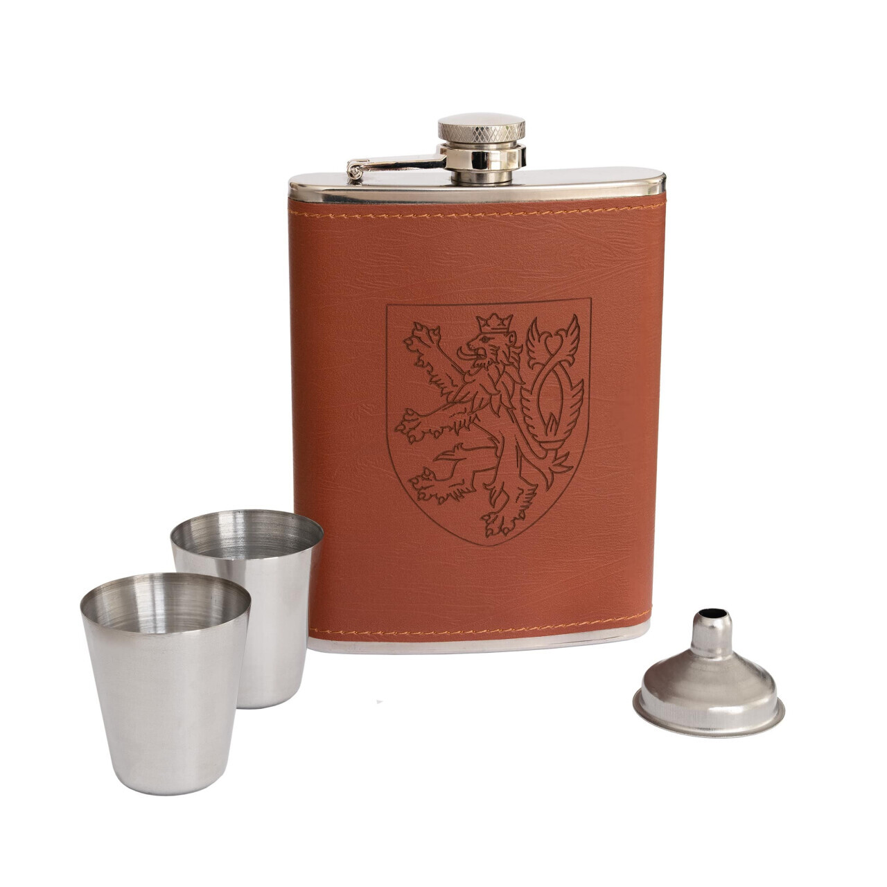 Placatka s 2 panákmi a lievikom Český lev 225ml - hnedá-strieborná