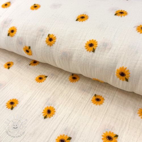 Dvojitá gázovina/mušelín EMBROIDERY Sunflowers natural