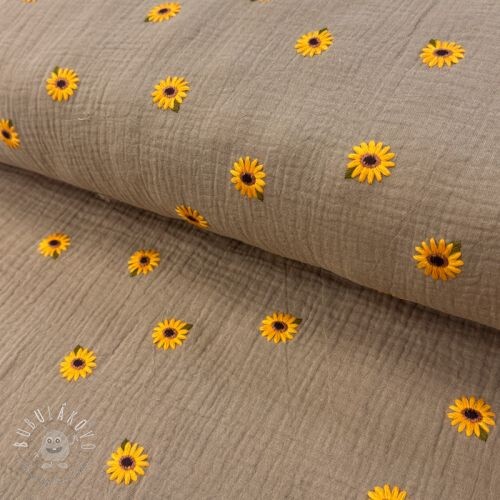 Dvojitá gázovina/mušelín EMBROIDERY Sunflowers beige