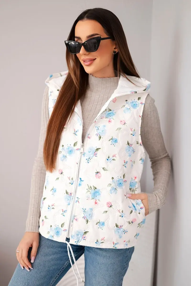 Dámska prešívaná kvetinová vesta s kapucňou