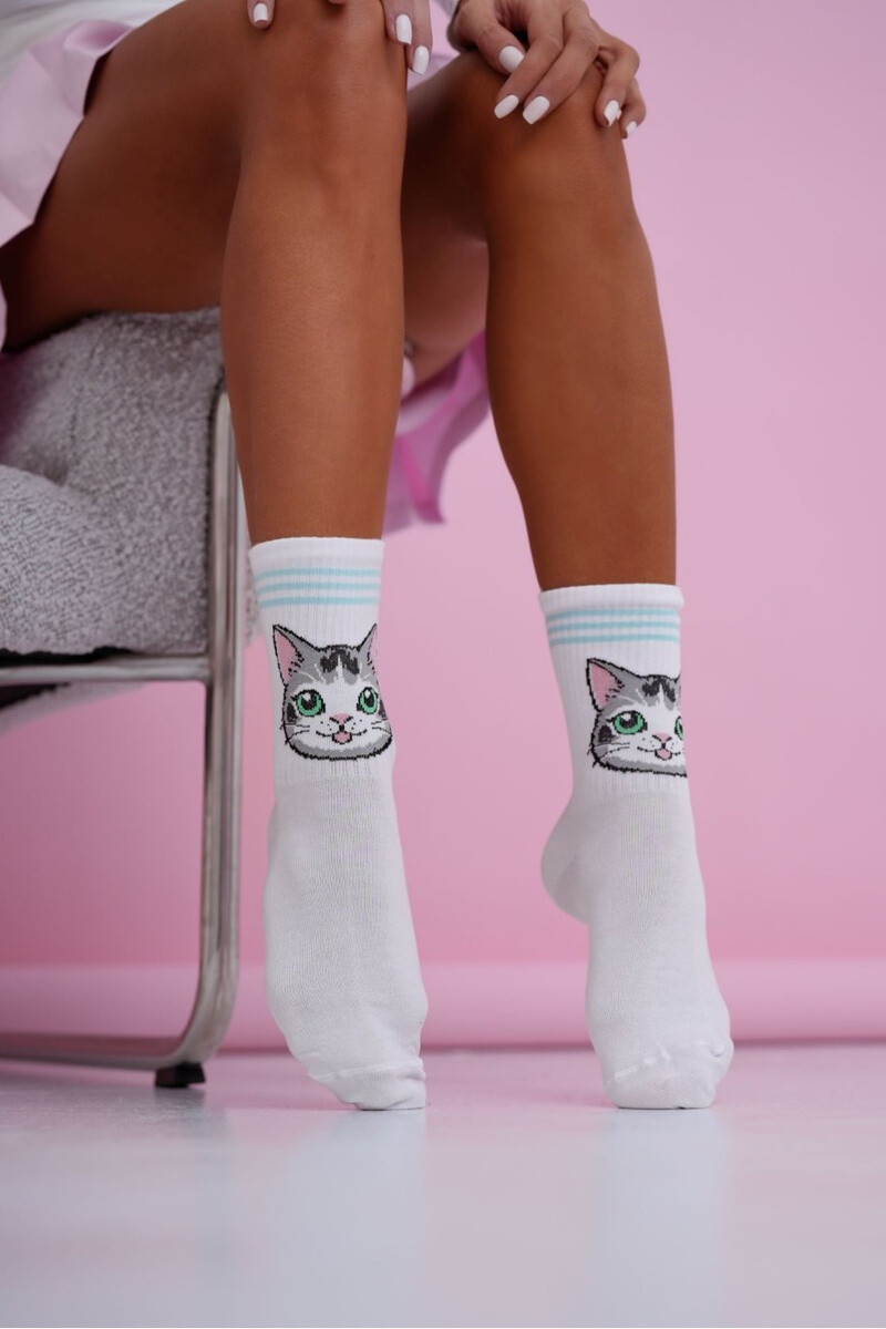 Milena dámske ponožky s modrými pruhmi a mačkou