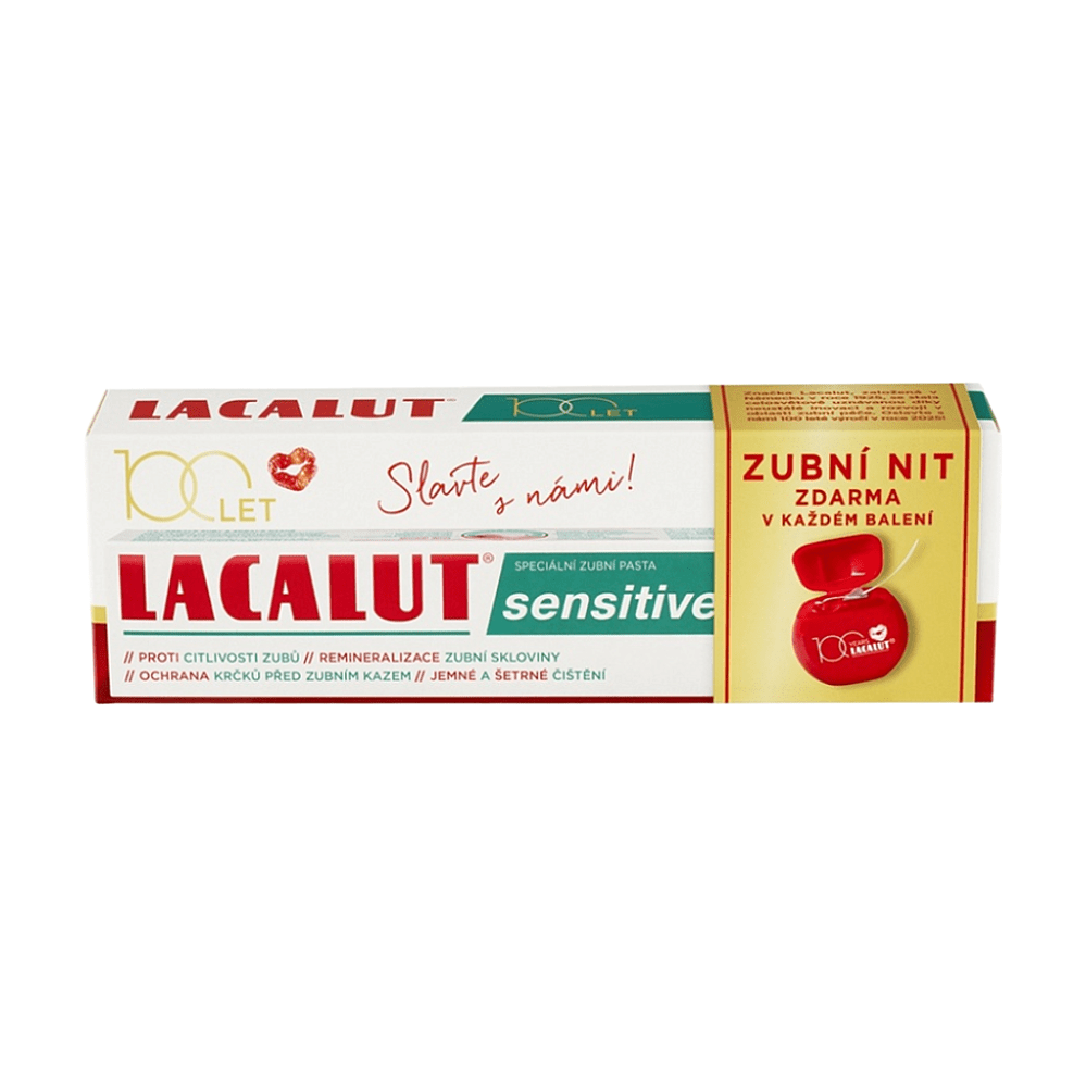 LACALUT Sensitive zubná pasta 75ml + dentálna niť 100 rokov edícia, poškodený obal