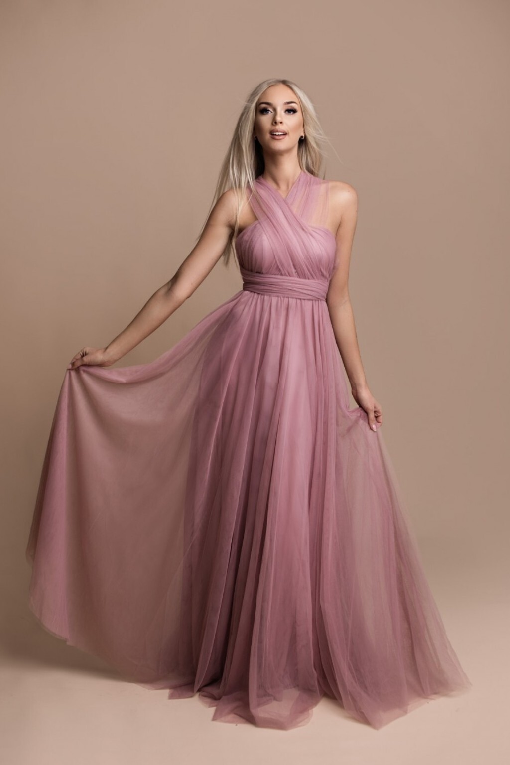 Eva & Lola Poškodený tovar - Staroružové tylové šaty s viazaním Veľkosť: L