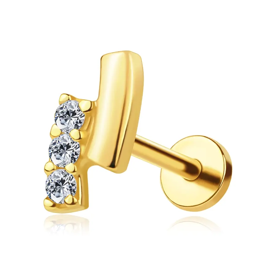 Zlatý piercing labret 14K s oblúkmi a zirkónmi