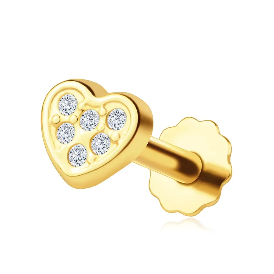 Zlatý piercing labret 14K srdce so zirkónmi