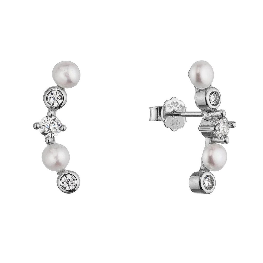 Evolution Group Pozdĺžne strieborné náušnice s perlami a zirkónmi 21124.1